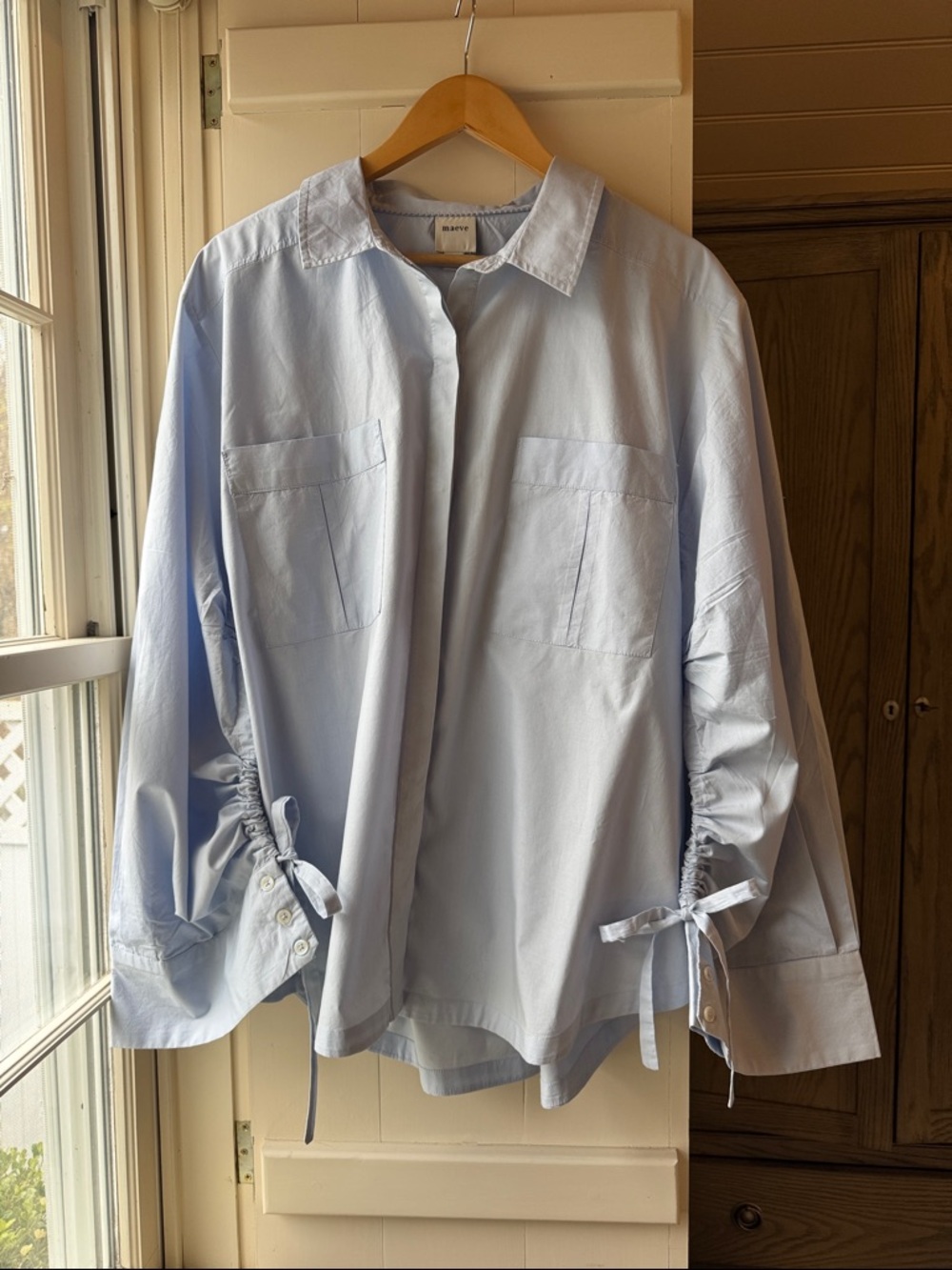 Anthropologie Light Blue Button-Down Shirt with Tie Sleeve Detail